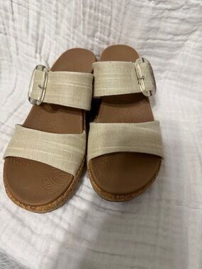 Skechers Beige Cream Linen Double-Strap Wedge Sandals